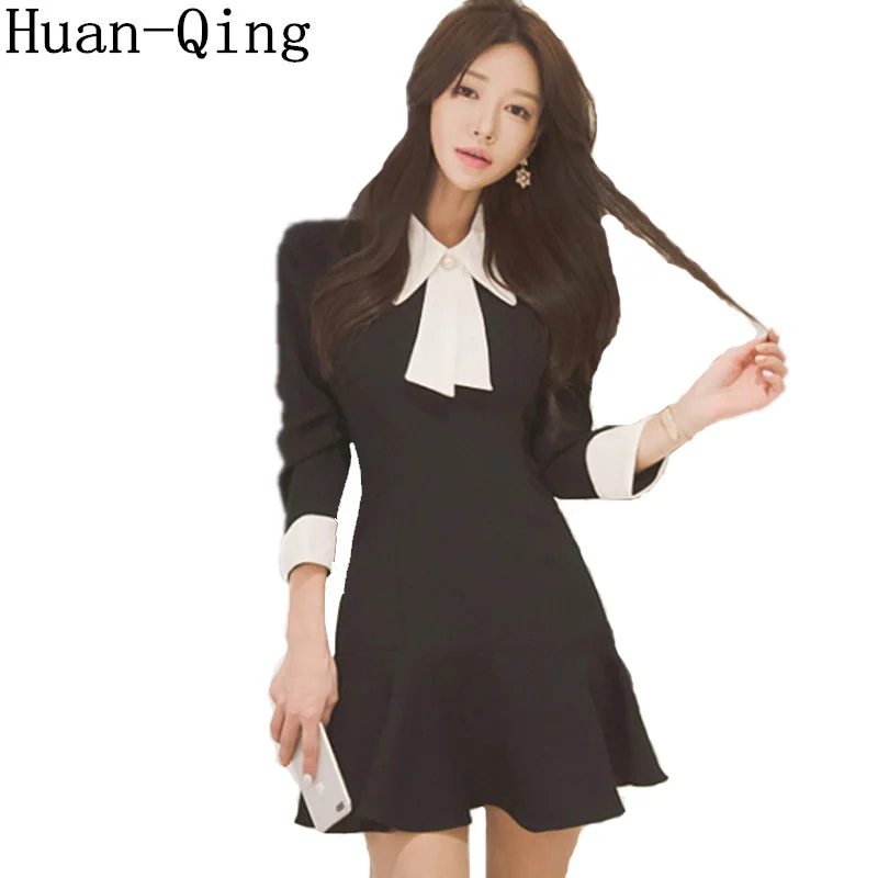 Korean Autumn Vintage Patchwork Ruffles Slim Black Dress Womens Elegant Long Sleeve Turn-Down Collar Party Office Work Dresses
