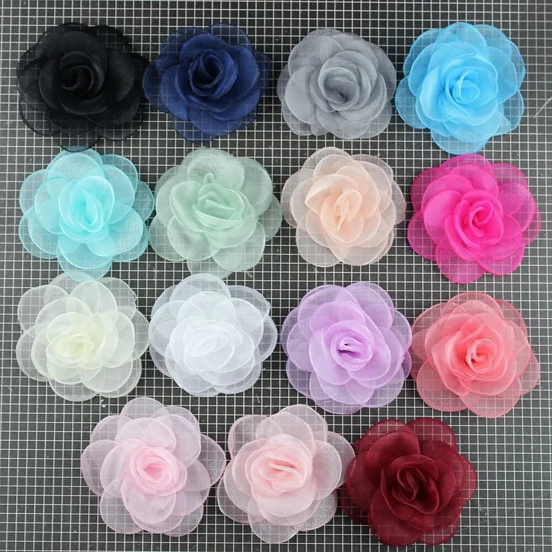 

120pcs/lot 3" 6color Newborn Gauze Layered Flower+Rhinestone For Girls Hair Accessories Rose Fabric Flowers For Headbands