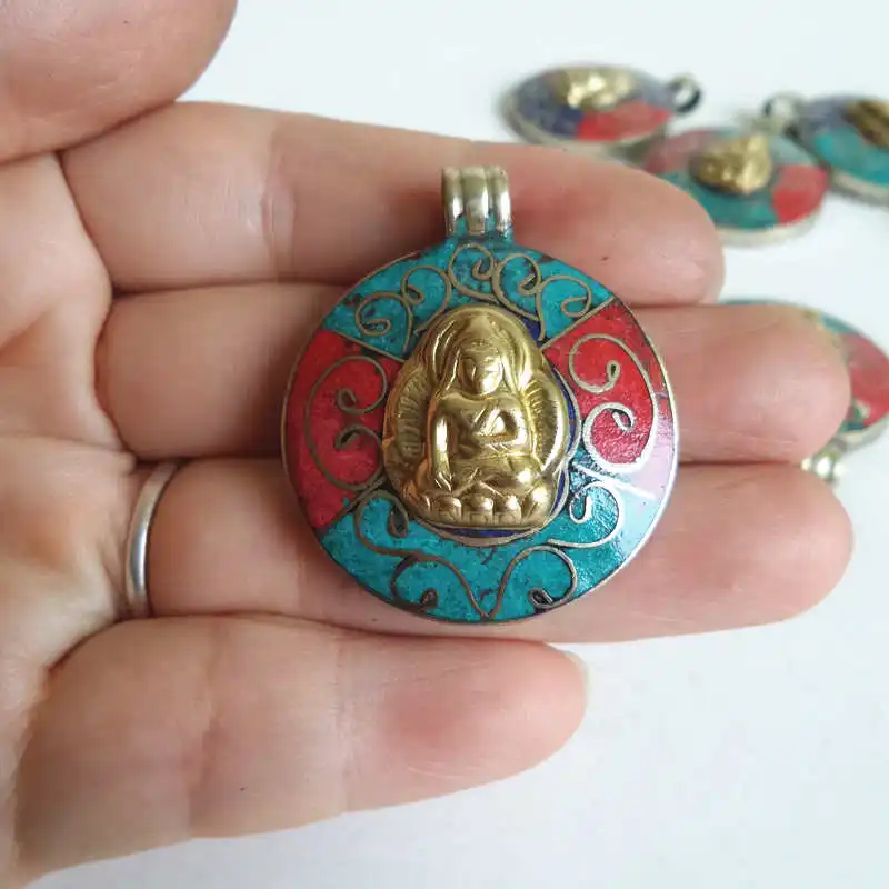 

TBP392 Tibetan Buddha Golden Amulets Nepal vintage jewelry Copper Inlaid colorful Stone Pendants