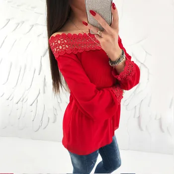 

Women Lace Tops Loose Long Sleeve Blouses Casual Slash Neck Blouse Chiffon Summer Blouses