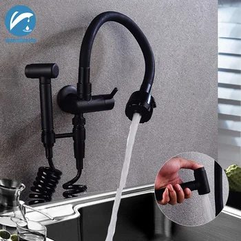

Matte Black Spray Hopper Kitchen Sink Faucet Cold Dual Water Outlet Single Handles Universal Rotation Kitchen Faucet Mixer Taps