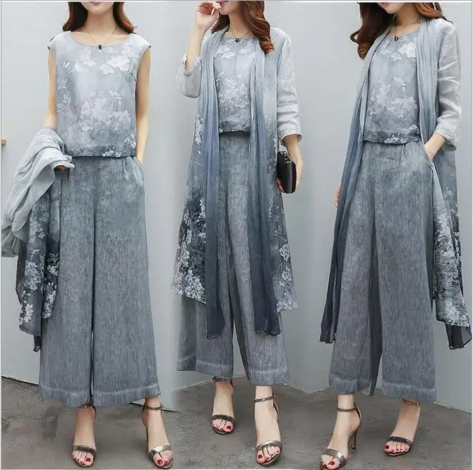 2019 spring women's new fashion temperament O-neck printed silk hemp vest dress