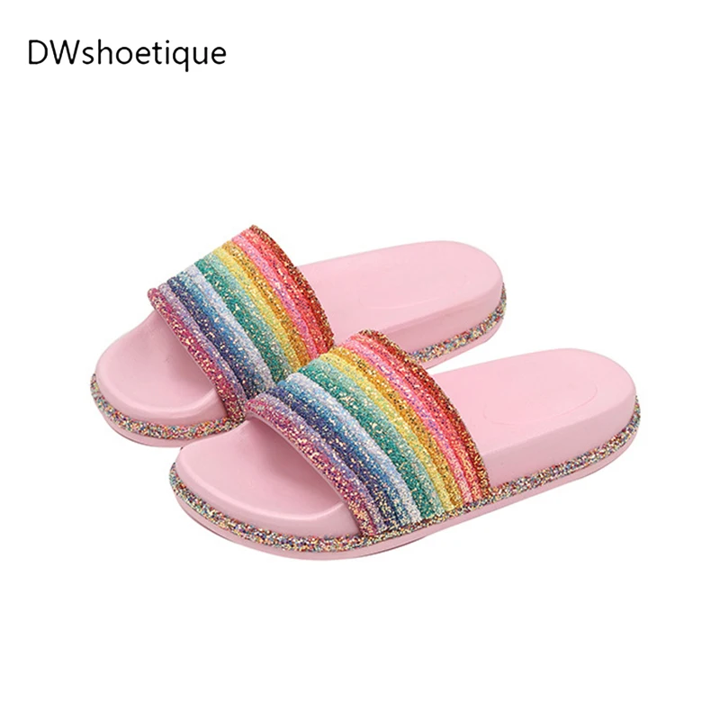 

New summer blingbling rainbow women slides beach slip on mixed color women slippers