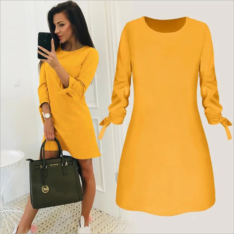 

New Women Dresses 3/4 Bow Sleeved Dress Solid Casual O-Neck Loose Dress Elegant Beach Summer Clothes Female Vestidos Plus Size