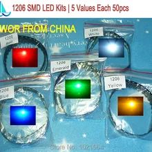 250 шт./лот) 1206 SMD комплекты светодиодов красный желтый синий Изумрудный зеленый белый 5 цветов Каждый 50 шт
