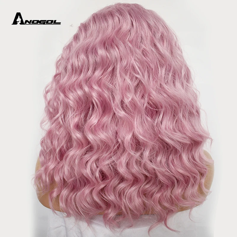 Anogol розовые волосы парики Фиолетовый высокое Температура волокно 360 фронтальная длинные глубокая волна синтетических Синтетические волосы на кружеве парик для Для женщин с бесплатным часть