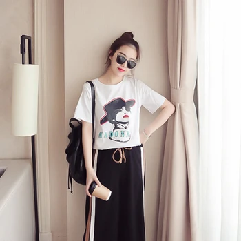 

Summer Women Set Cartoon Pattern Two Piece Set O-Neck Top Split Wide Pants Slim Plus Size Women Sets Hot Sale 2018 Newest
