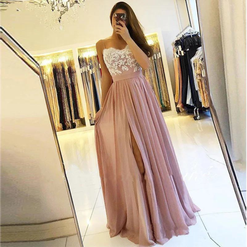 

Spaghetti Strap Dusty Rose Blush Evening Dresses 2019 Prom Gowns with Slit Cheap Lace Bodice Chiffon A-Line Abendkleider