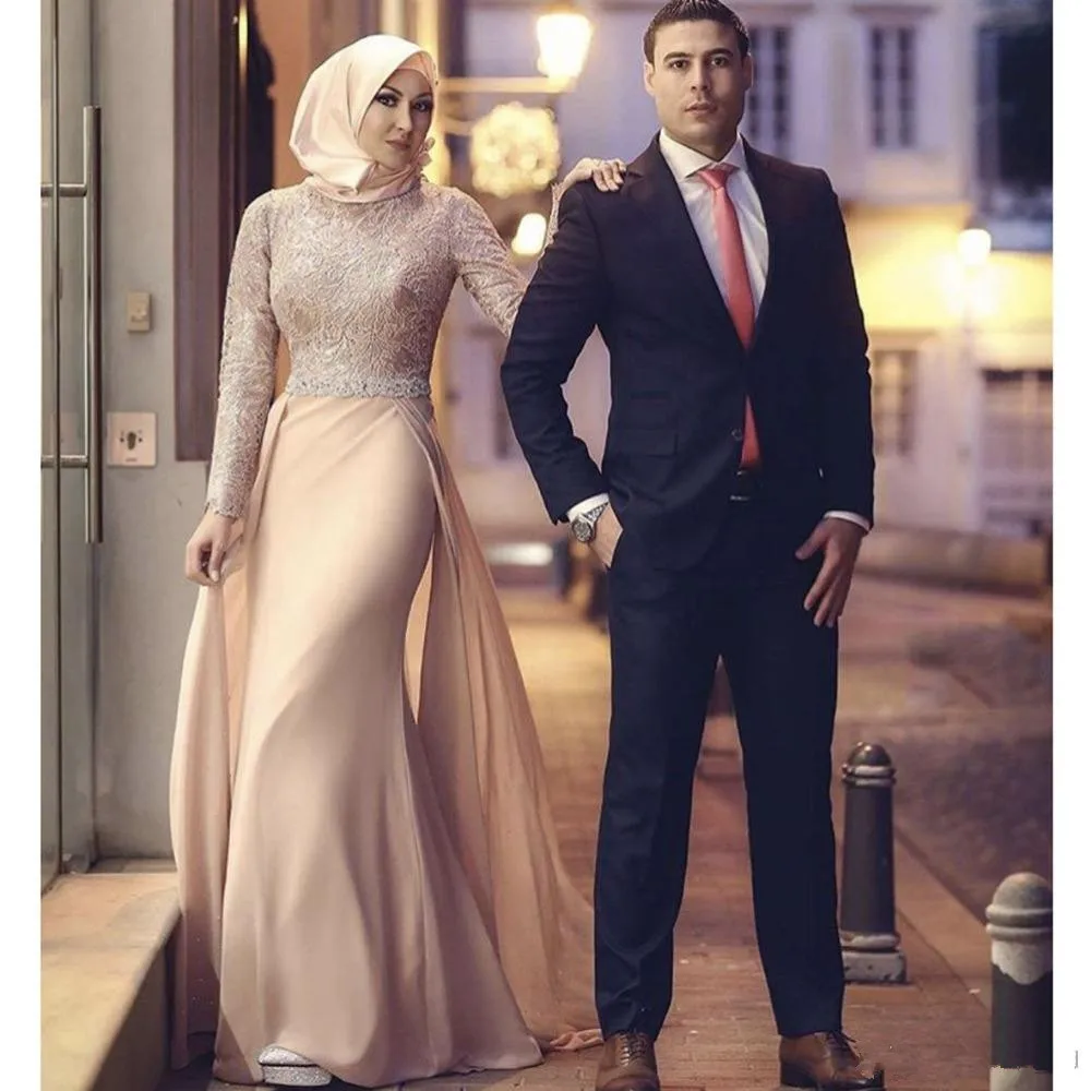 

Elegant Muslim Evening Dresses 2019 Mermaid Long Sleeves Chiffon Lace Beaded Islamic Dubai Saudi Arabic Long Formal Evening Gown