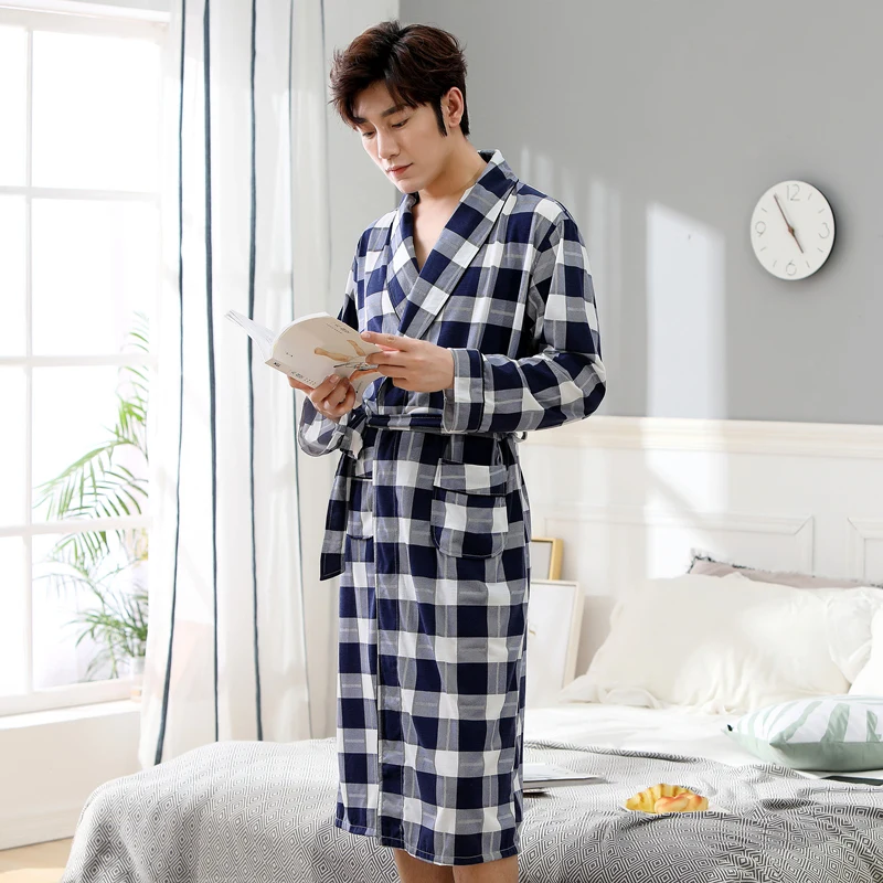 Summer Bathrobe Sleepwear Autumn Casual Robes Men Cotton long Sleeve Nightgown Male Kimono Sleep Gown