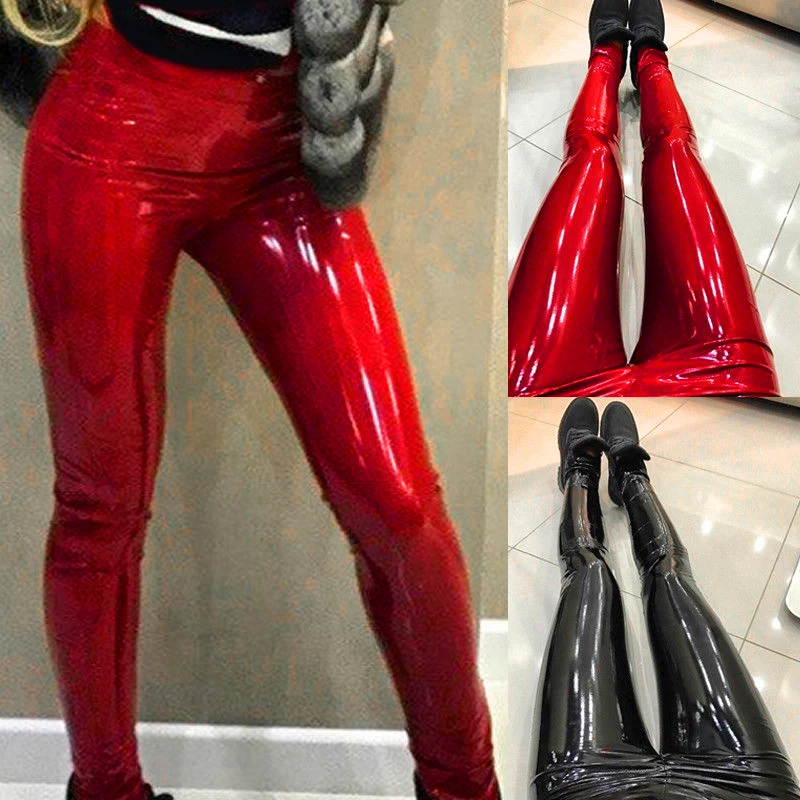 

Women Pants High Waist Skinny Shiny PU Patent Leather Leggings Trousers Club Party Sexy Slim Fit Solid Red Black Fashion Pants