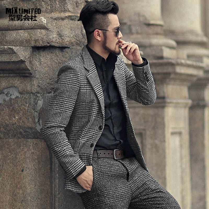 Зимняя мужская новинка шерстяной клетчатый тонкий костюм для отдыха metrosexual man
