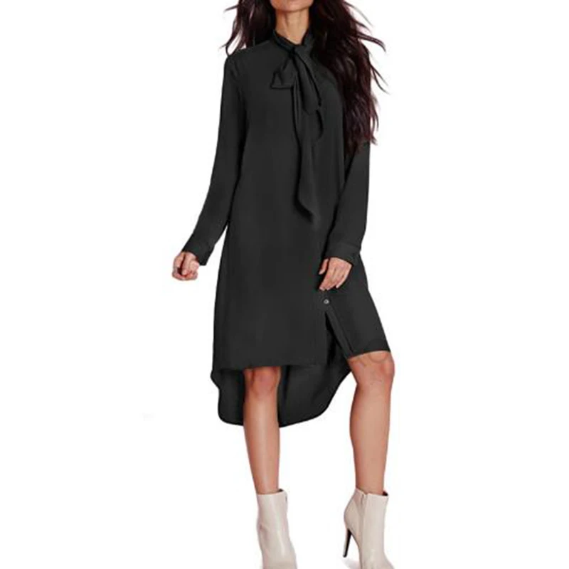 

Elegant Bow Tie Chiffon Tunic Shirts Dress Summer Autumn Women Long Sleeve Irregular Shirts Dresses Office Dress GV436