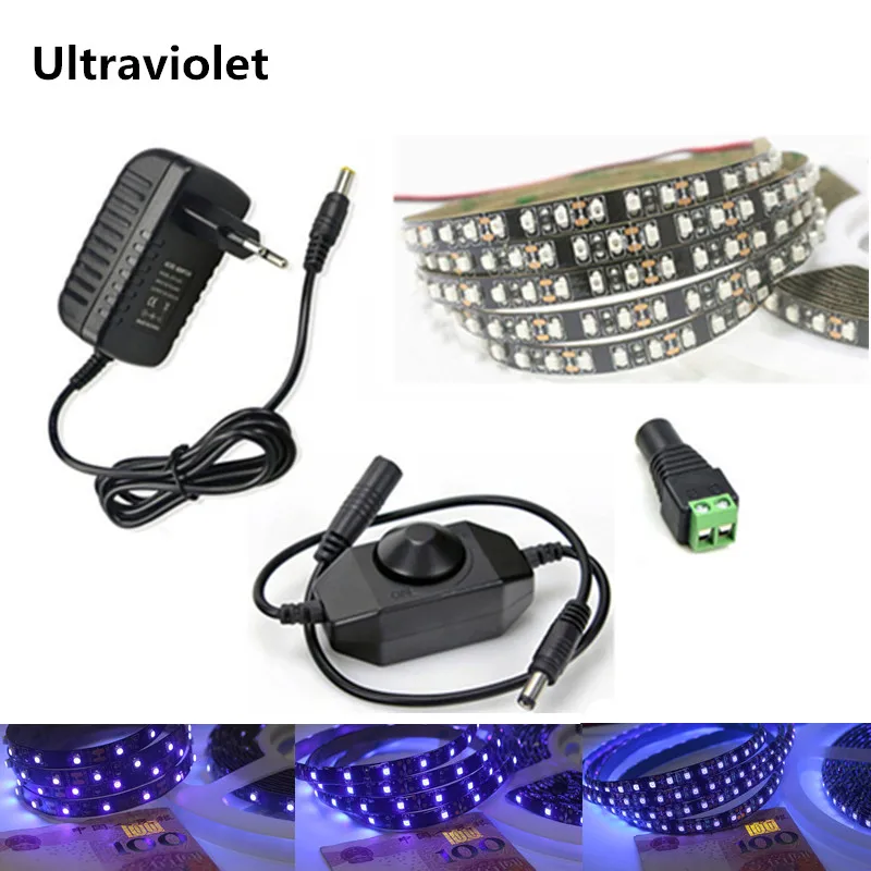 DC12V 3528 SMD фиолетовый Ультрафиолетовое UV 395-405nm гибкие Светодиодные ленты черный свет ленты лампы + 12 В адаптер питания + диммер