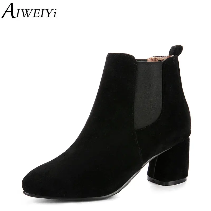 

AIWEIYi Women's Fashion Ankle Boots Black Pointed toe Square High Heels Ankle Boots Warm Winter Snow Boots Short Botas Shoes