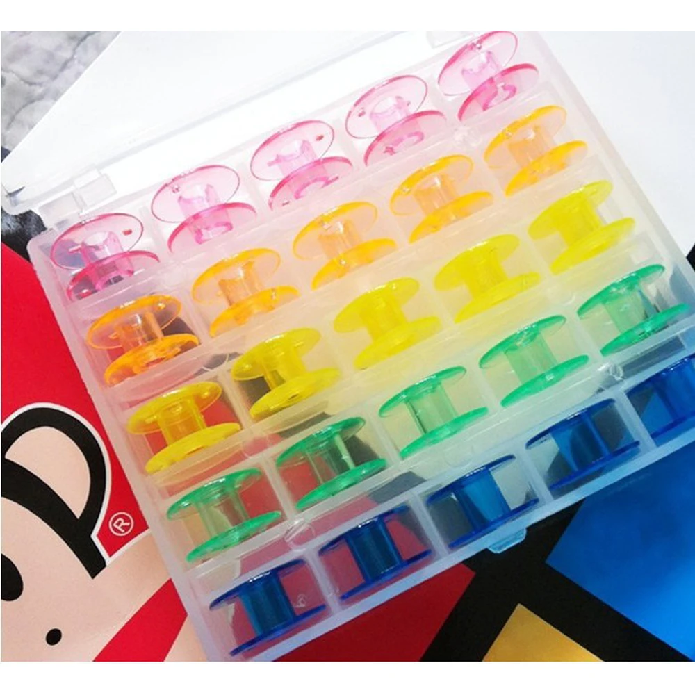 

Colorful 25 Grid Clear Storage Case Box With 25Pcs Empty Colorful Bobbins Spool for Brother Janome Singer Elna Sewing Machine