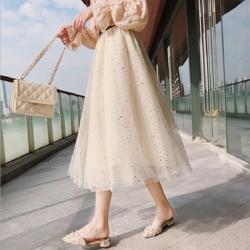 2019 NEW Women Pleated Skirts In Summer Star Sequined Tulle Skirt 3 layers Lurex High Waist A Line skirt | Женская одежда