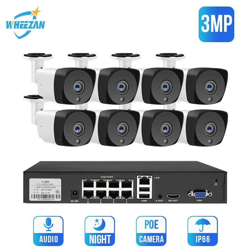 Wheezan CCTV камера комплект системы безопасности 8CH POE 3MP аудио H.265 система