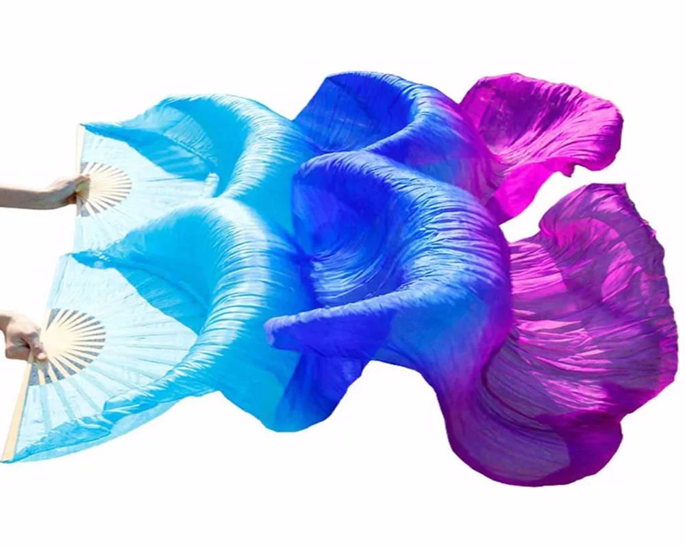 

1Pair 100% Silk Dance Fans Bamboo Ribs Stage Performance Props Dyed Fans Women Belly Dance Silk Fans Turquoise+Royal bule+Purple