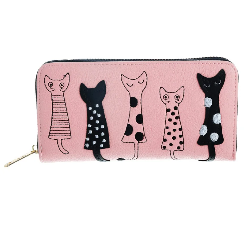 Женский кошелек милый кошелек с кошкой двойной длинный кошелек на молнии портмоне длинный кошелек - Цвет: Pink