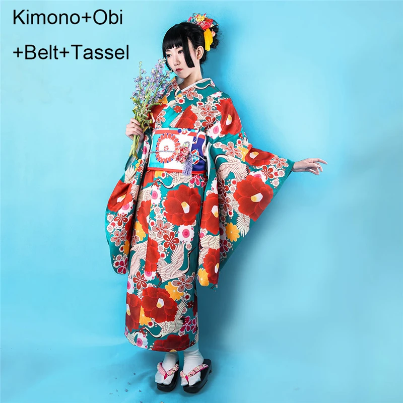 Kimono Haori Traditional Japanse Style Dress for Women Floral Crane Luxury Gesia Asian Clothes Yukata Party Japan Court Cosplay - Цвет: Style 3(4PCS)