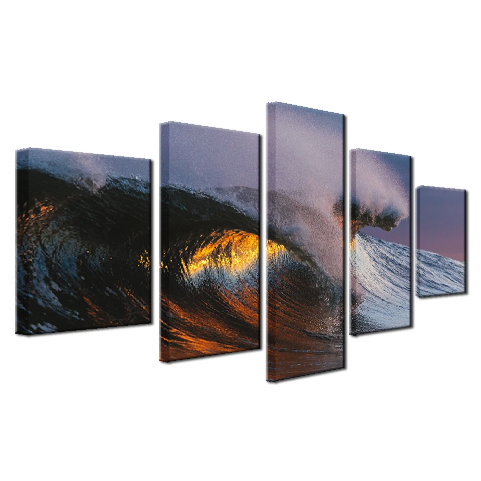 Canvas HD Prints Paintings Wall Art Home Decor 5 Pieces Sunset Sea Waves Seascape Pictures Modular Living Room Posters Framework