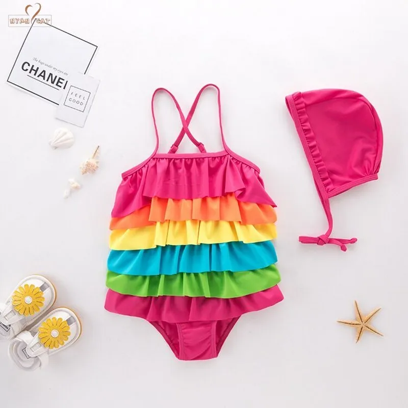

Leopard Cute Baby Girl Swimwear Swimsuit Rainbow Tiers Halter Hat 2pcs Set Kids Children Bathing Ruffles Rainbow Swimwear