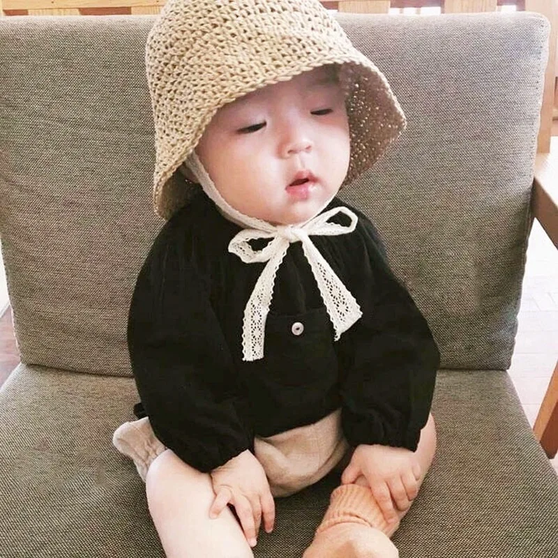 

2019 Summer Fashion Baby Hat Female Baby Sunscreen Woven Straw Hat Beautiful Lace Sling Folding Beach Hat Photography Props