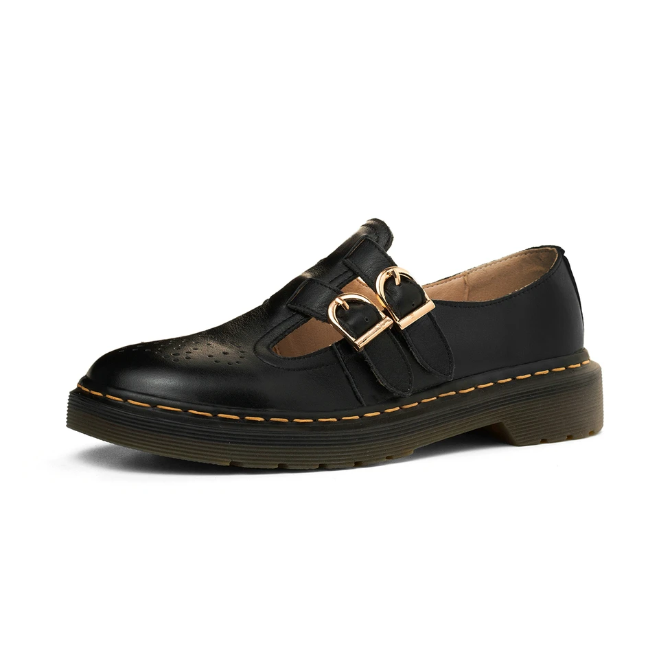 EshtonShero/Женская обувь женские туфли-лодочки кожаная женская обувь на низком каблуке, с круглым носком, в стиле панк, в западном стиле, с черной пряжкой Размеры 3-8 - Цвет: Черный