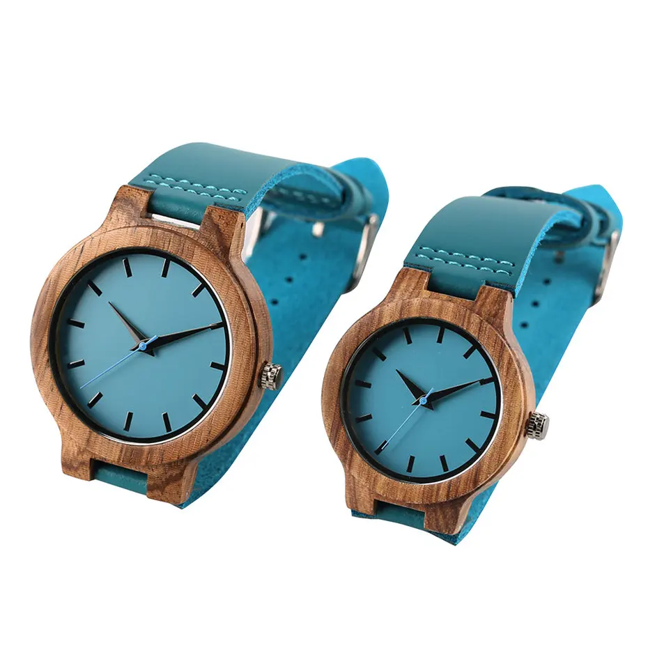 Mode Bamboe Hout Horloge Vrouwen Zebra Houten Blauwe Leren Band Mannen Horloges Creatieve Quartz Paar Klok Lover Geschenk Uurwerken