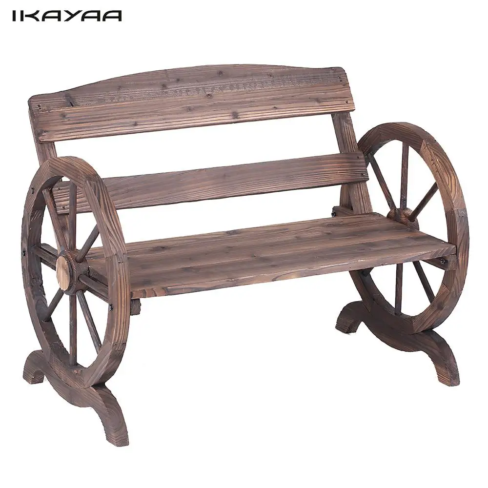 IKayaa 2 Seater Outdoor Wood Bench With Backrest Rustic Wagon Wheel Style Patio Garden Furniture IKayaa 2 Seater Outdoor Wood Bench With Backrest Rustic Wagon Wheel Style Patio Garden Furniture