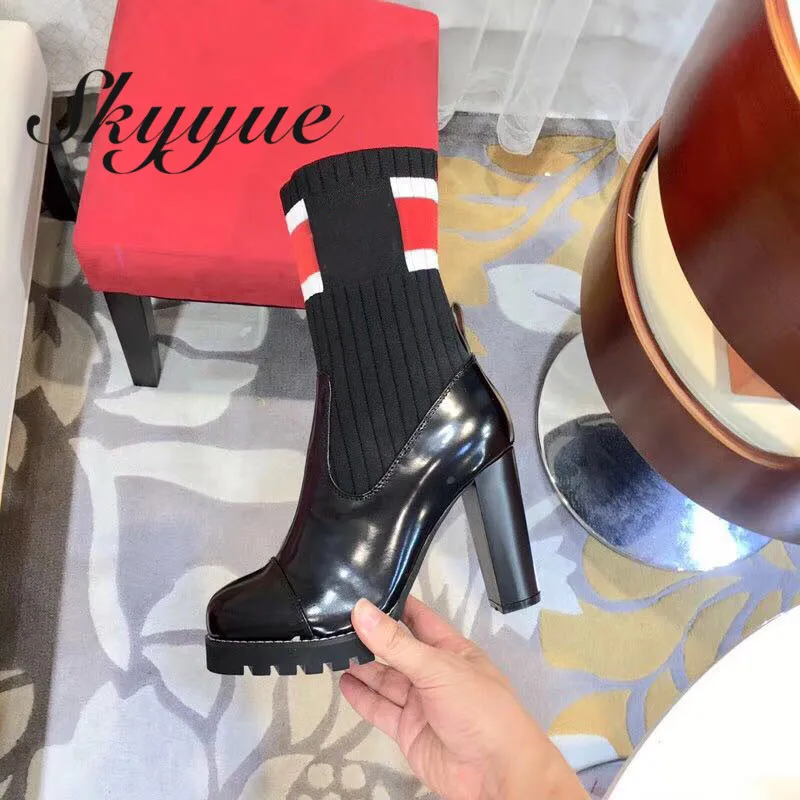 

SKYYUE New Genuine Leather Slip On Women Winter Boots Round Toe Sexy Platform Chunky Heel Women Boots Shoes Women