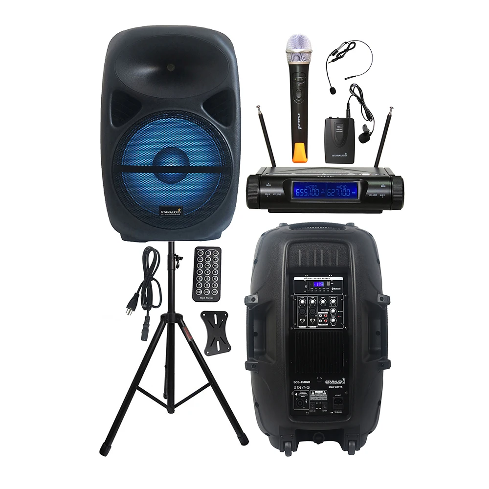 

STARAUDIO 2500W 15 Inch LED Light Speaker Stage Powered Active KTV Speaker Stand 2CH Wireless UHF Handheld Headset Mic SCS-15RGB
