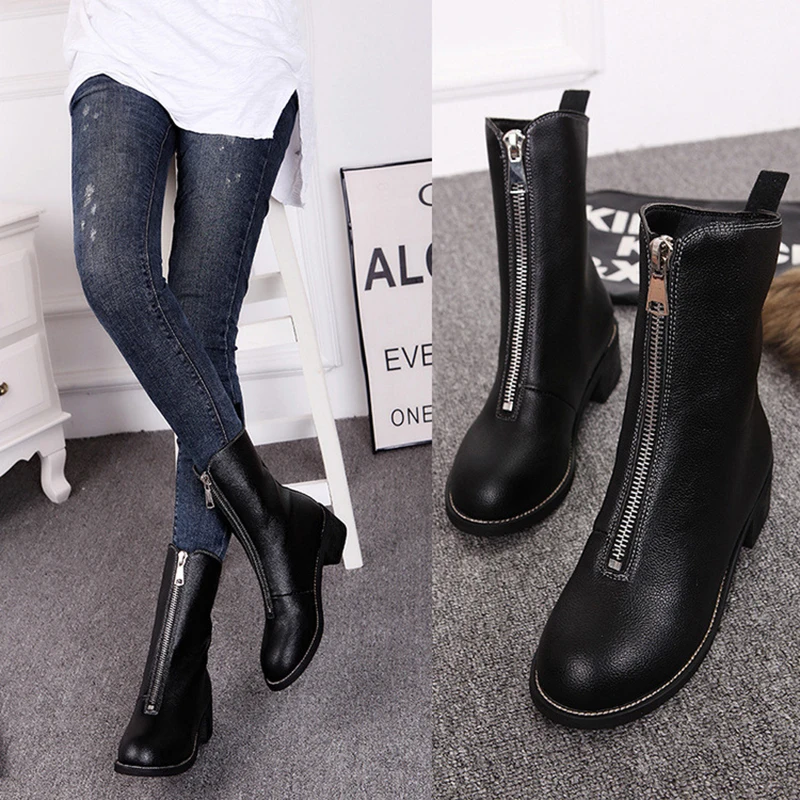

designer round toe leather short boots women low heel motorcycle boots high quality front zip martin botas zapatos mujer 2019