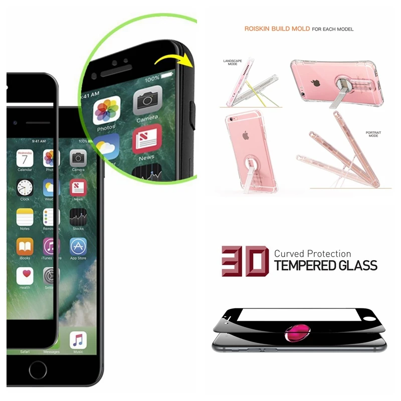 3D Curved Full Coverage Sensitive Touch Tempered Glass Screen Protector for iPhone 6 6S 7 Plus with Soft 360 Kickstand TPU Case | Мобильные