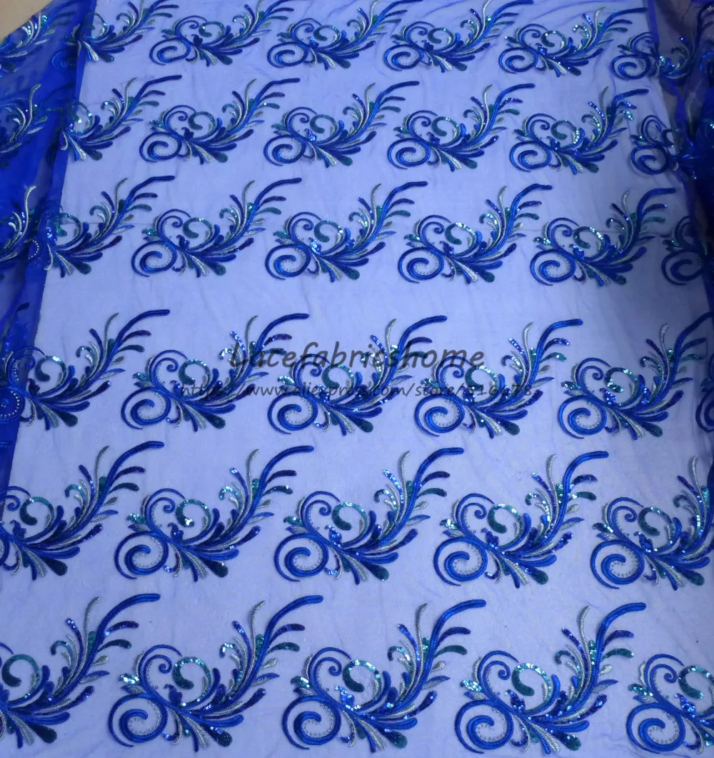 

120cm by yard Silver and blue line with heavy sequins on mesh embroidery clothes/evening dress lace fabric