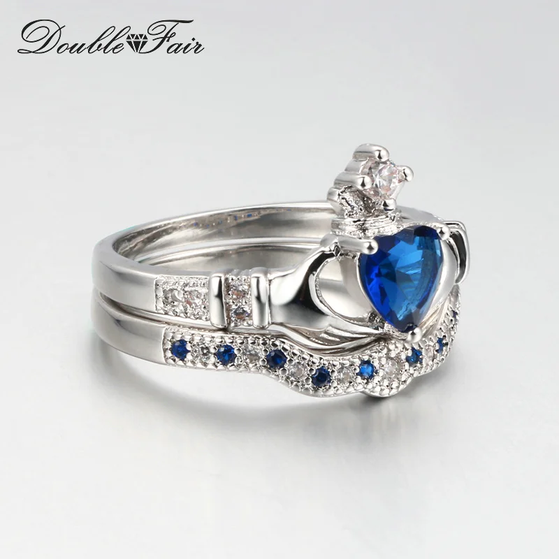 Уникальное кольцо в форме сердца с голубым кристаллом в форме короны, наборы серебряных колец в ручную, модные кольца, ювелирные изделия для женщин DFR616