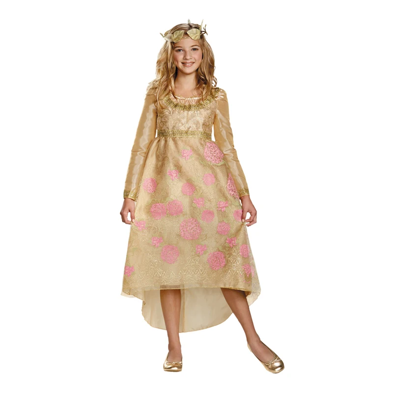 

Flower Princess Fancy Dress With Crown Aurora Child Coronation Gown Girls Disny Halloween Movie Cosplay Carnival Party Costume