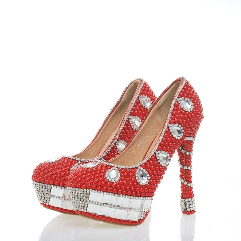 

Newest Red Crystal Beaded Rhinestone High Heel female lady's Women Bridal Evening shoe Prom Party club Bar Bridesmaid shoes