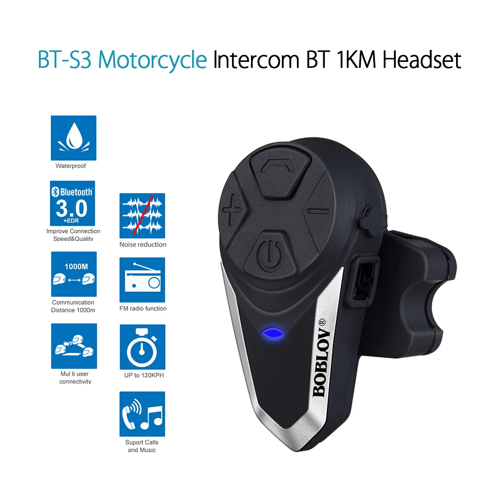 

Multi BT-S3 Motorcycle Helmet Intercom & Radio 1000m Bluetooth Interphone Handsfree Waterproof FM MP3 GPS