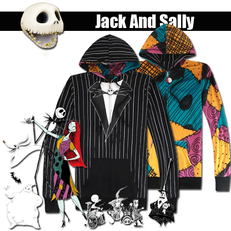 

For Anime Skull Jack Skellington and Sally Hoodies Cosplay Halloween Holiday Suit Reversible Coat Performance Wear Costume