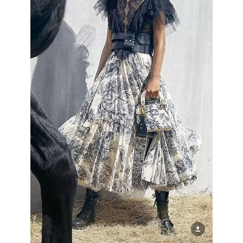 

SE Women's Cotton Long Animal Printing Ladies Black Blue Embroidery Elegant Party Casual Skirt Runway Bohemian Maxi Skirt