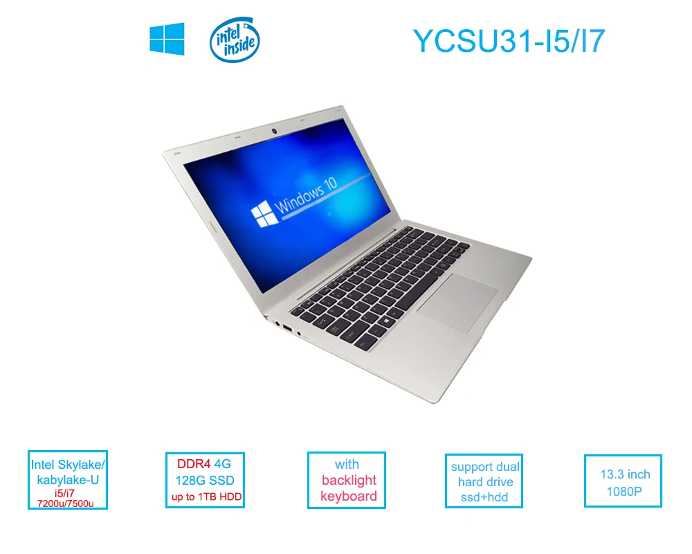 Windows 10 четырехъядерный процессор Intel Skylake/kabylake-U i5 7200U/i7 7500U 13,3 дюймов DDR4 Оперативная память 4G 128G SSD ноутбук с питанием от сети переменного тока WI-FI клавиатура с подсветкой