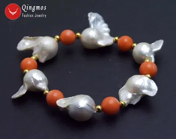 

Qingmos 20-35mm White 7.5'' Pearl Bracelet for Women with Baroque Natural Nuclear Pearl and 9-10mm Pink Coral Bracelet-bra392
