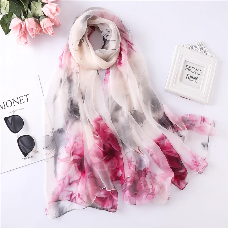 

Elegant 2019 women scarf summer silk shawls and wraps big size floral print pashmina hijabs lady foulard beach stoles scarves