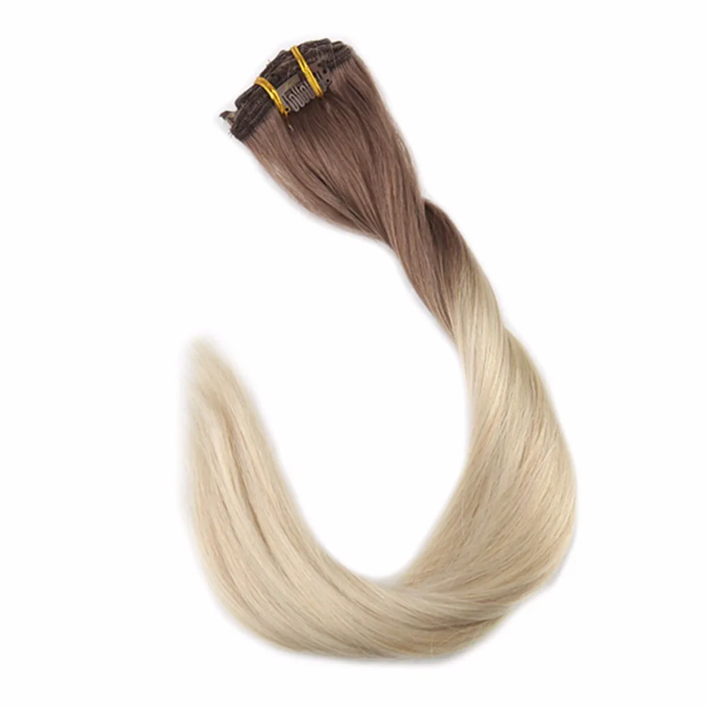 Полный блеск 100% Remy человеческие волосы балаяж зажим для волос в расширениях 7 шт. 50 г Омбре цвет # 6B выцветание до 613 блондинка клип в