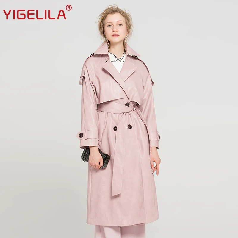 Женский розовый Тренч YIGELILA длинный двубортный из искусственной кожи с отложным