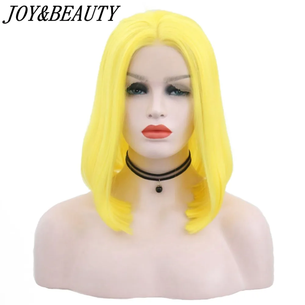 

JOY&BEAUTY 14 Inch Short Bob Synthetic Lace Front Wig Light Yellow Glueless Heat Resistant Fiber Middle Parting For Women Wigs