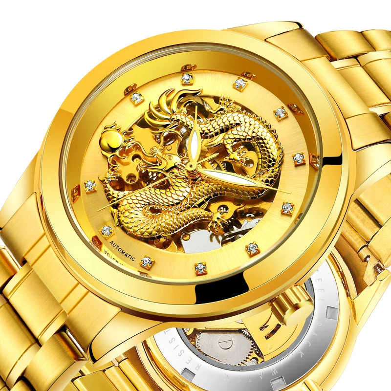 

Mens Gold Dragon Push Button Hidden Clasp Stainless Steel Automatic Self-Wind Mechanical Movement Watch Luminous Male Wristwatch