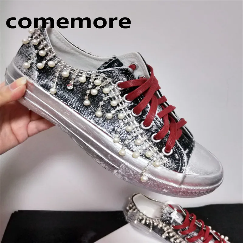 

Outdoor soft bottom heavy duty diamond flat canvas retro dirty straps old white light luxury casual canvas shoes